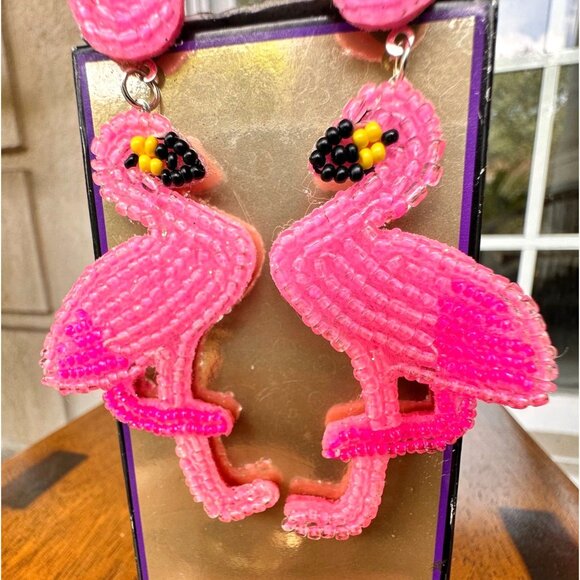 Flamingo Earrings Beaded Dangle Post Pink Statement Jewelry New Caribbea… - Picture 7 of 12